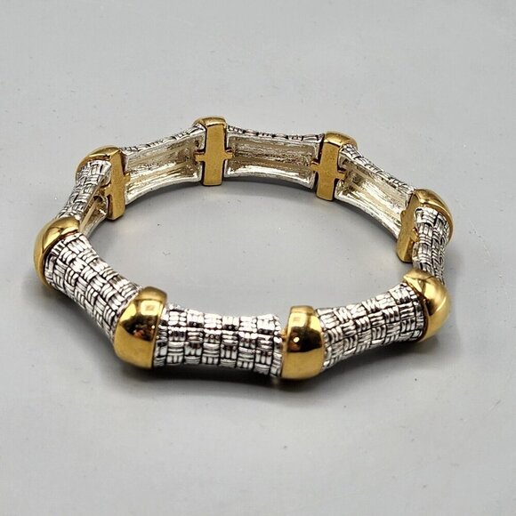 Joan Rivers Stretchy Bangle Silver + Gold Tone Basketweave Chunky One Size - Picture 1 of 7
